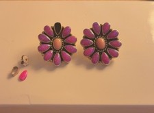 Flower Pink Oval Stud Earrings Silver Butterfly Closure Ethnic Design