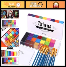 Face & Body Paint Set - 10 Professional Brushes, Large Palette for Halloween, Co