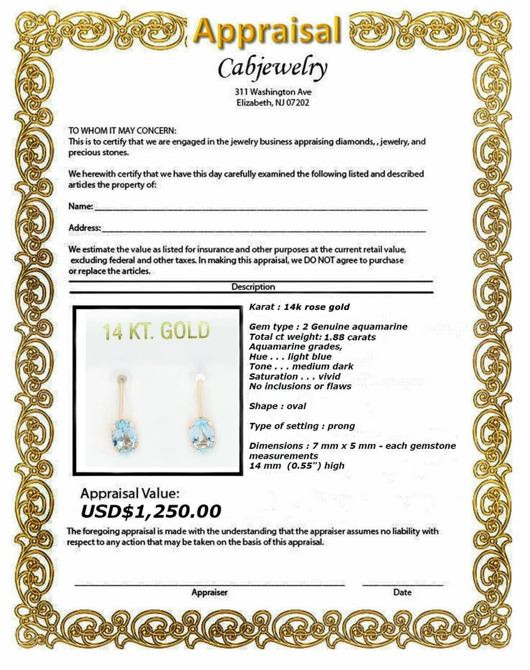 PENDIENTES COLGANTES AGUAMARINA ORIGINALES 1,88 quilates oro rosa 14k - valoración gratuita Foto 4 de 4