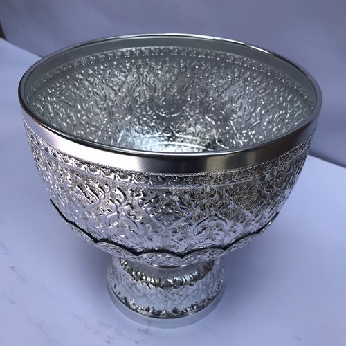 Vintage Style Bowl & Supporting Stand Set Thai Designs Embross Aluminum Size 22" - Picture 14 of 95