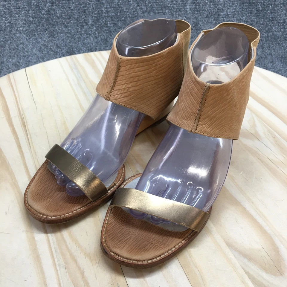 Ankle Strap Wedge Sandals Womens 38 Metallic Gold Brown Leather Casual Open Toe - Image 3 of 4