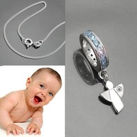 Jungen Zirkonia Schutz Engel Blauer Memoire Taufring Mit 36 Cm Kette Silber 925