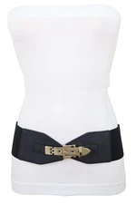 Women Faux Leather Wide Black Elastic Great Fit Bold Belt Gold Metal Buckle S M