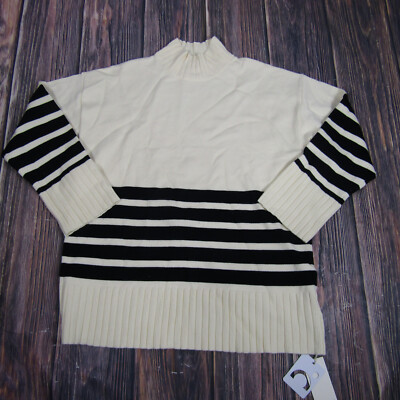 Commense NEW NWT Large Ivory Whitee Black Striped Miss Paris Mock Neck Sweater