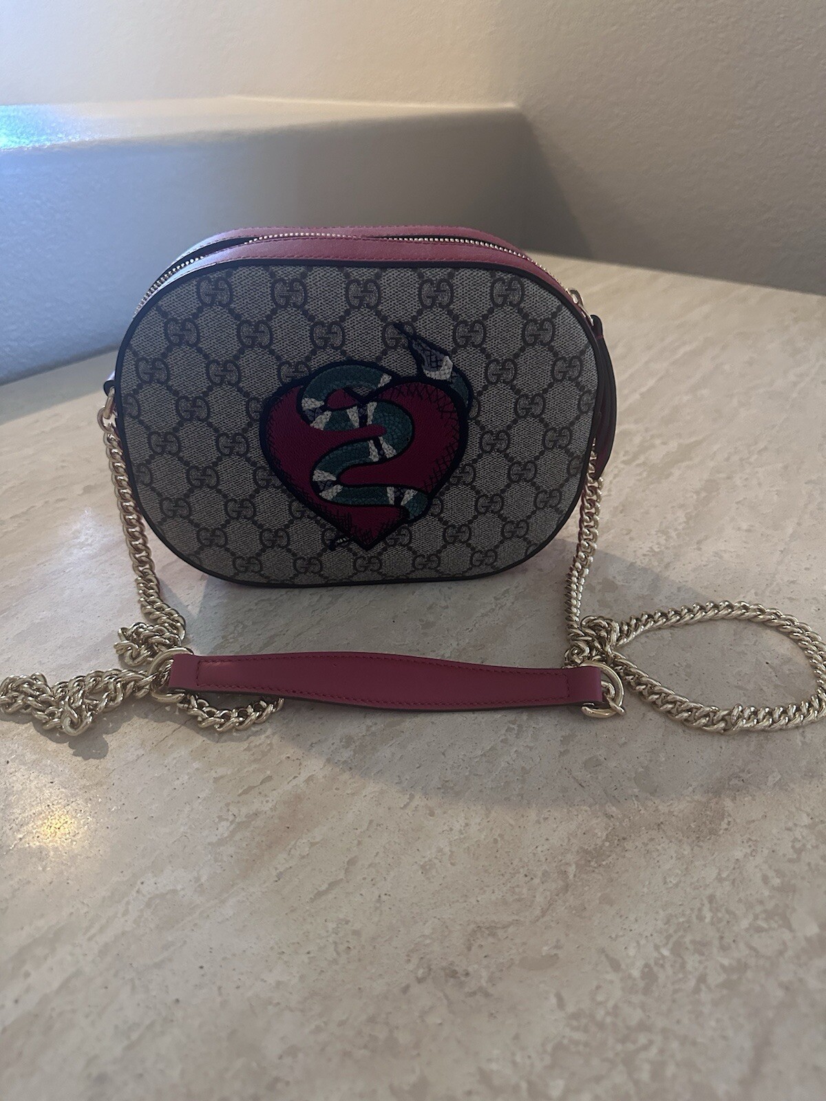 gucci GG Supreme Monogram Kingsnake Heart Embroidered Mini Chain Crossbody Bag