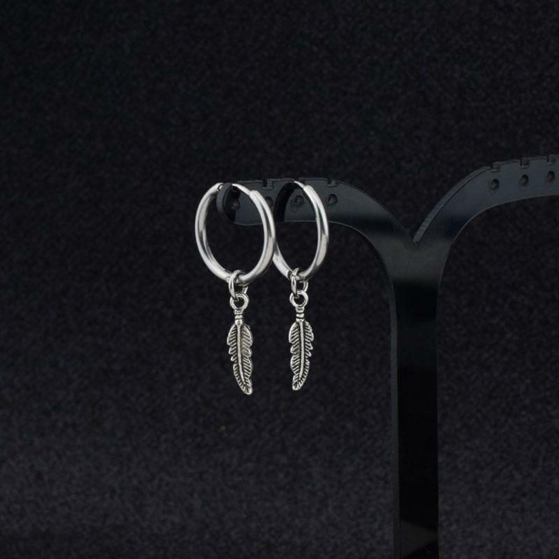 Hip Hop Kpop Boy Leaf Titanium Feather Pendant Hoop Earrings
