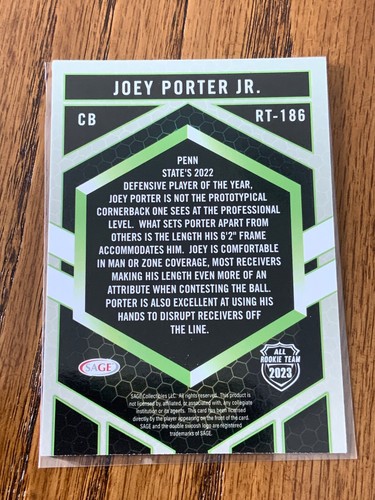 Joey Porter Jr. 2023 SAGE HIGH SERIES ALL ROOKIE TEAM #RT-186 STEELERS - Picture 4 of 6