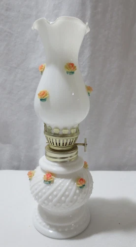 Miniature Vtg Milk Glass Applied Pink on Yellow Roses Oil Lamp Chimney Lantern