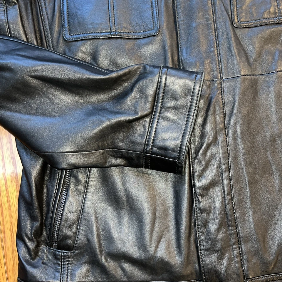 Hugo Boss Leather Jacket Mens Medium 38R Black Motorcycle Moto Quilted Askon - Image 4 of 4