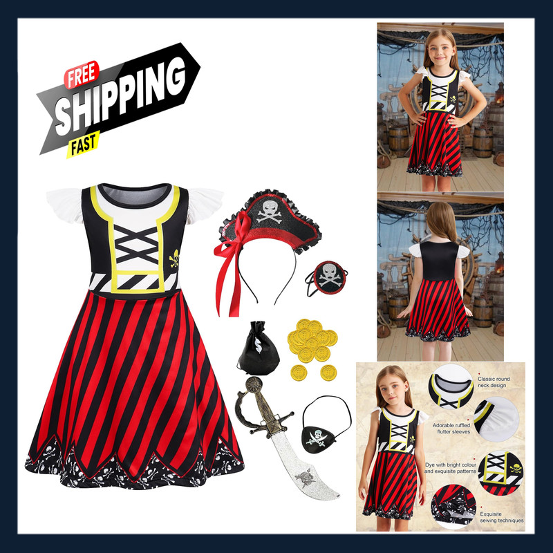 Girls Pirate Costume Dress Up for Kids Halloween Role Play Buccaneer Outfit