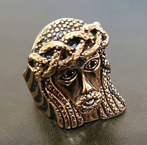 G GEFÜLLT 18K GELBGOLD HERREN JESUS RING KÖNIG KRONE SOHN GOTTES CHRISTI GESICHT LIEBE - Bild 4 von 5