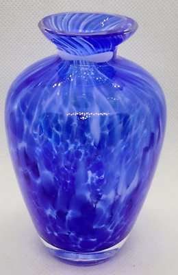 Blue and White Spattered Art Glass Vase w Crystal Clear Crystal Label China