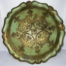 Florentine Serving Tray Italy Green & Gold 15" Diameter Mid Century Modern