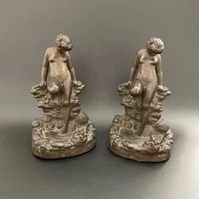 Pair Antique KBW Bronze Clad Admiration Lady Pond Frog Book Rocks Bookends, 1914