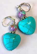 TURQUOISE HOWLITE HEART purple mosaic earring Silver Plate LEVERBACK artisan XX