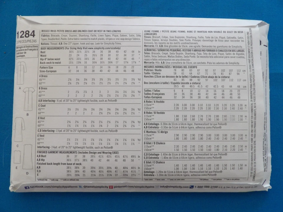 Simplicity 1284, Misses'  Dress, Unlined Coat or Vest,  1960s Vintage, Size 6-14 - Image 2 of 3