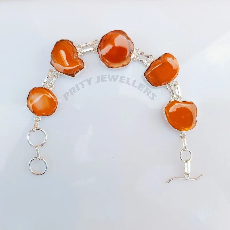 Pulsera de piedras preciosas de ágata naranja de plata de ley 925 hecha a mano joyería ajustable Foto 3 de 4