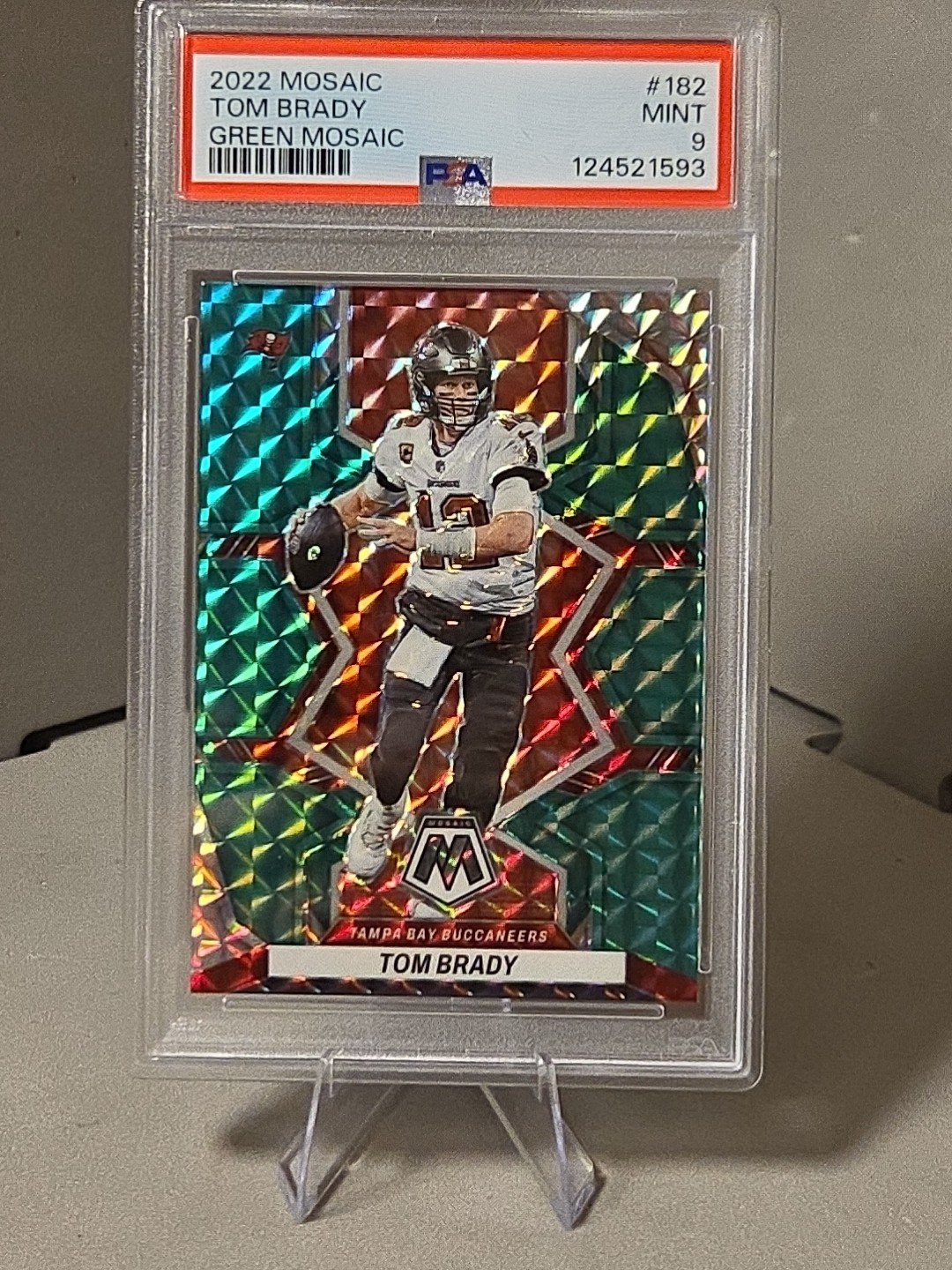 2022 Panini Mosaic Tom Brady #182 Green Mosaic Prizm PSA 9
