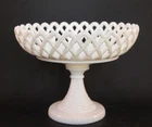 Vintage Milk Glass Pedestal Compote Lattice Rim Fruit Bowl 7"