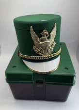 Vintage Shako Marching Band Uniform Hat Green Gold White Sz S-M-L- XL w/case