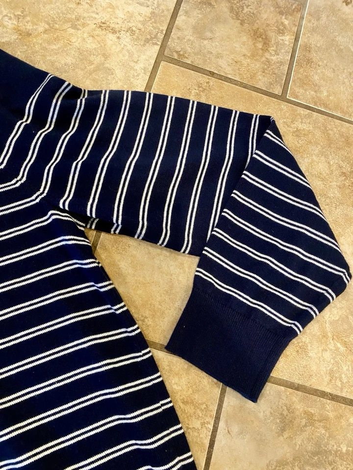 Suéter masculino Nautica com zíper quarto grande azul marinho listrado branco malha de algodão - Imagem 3 de 4