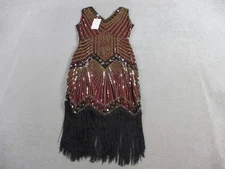 Babeyond Dress Womens Medium Red Black Fringe Flapper 1920s Era V Neck Sequin