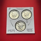 1939 PDS Mercury Dimes Uncirculated  3 Coin Set That Includes The Rare S Mint