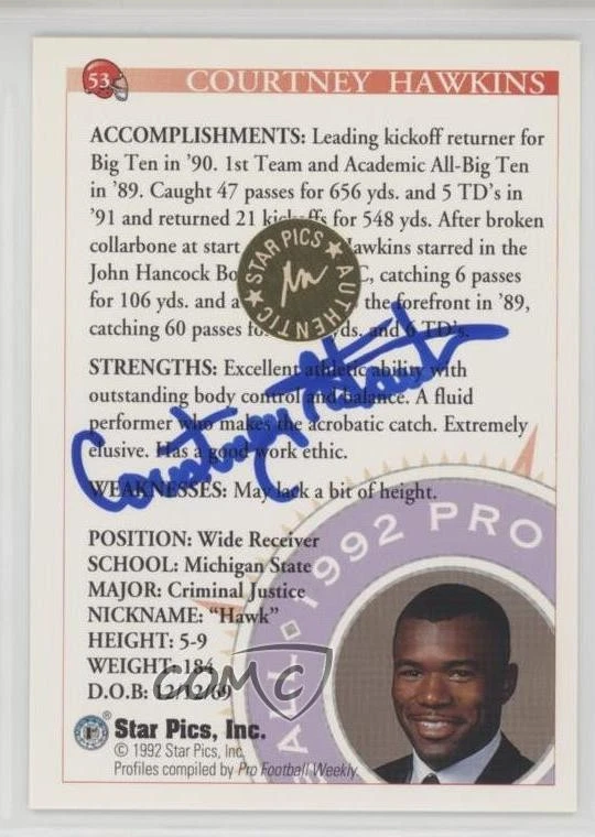 1992 Star Pics Auto Courtney Hawkins #53 Rookie Auto RC - Image 2 of 2