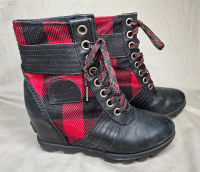 Sorel Lexie Wedge Boots Woemns 7 Black Red Buffalo Plaid Leather Lace up Outdoor