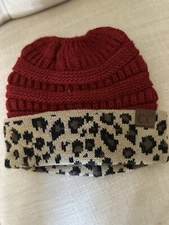 CC Beanie  Stretch Cable Knit Messy High Bun Ponytail Beanie. Red Cheetah Print