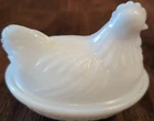 Vintage Small Milk White Glass Hen In Basket Nest Candy Dish