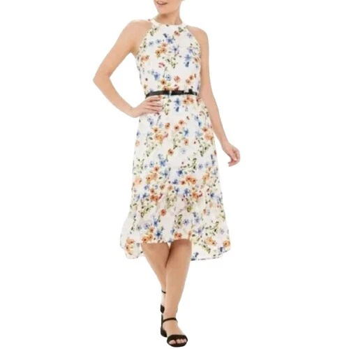 OFF WHITE Abito ELLE avorio orlo balza MEDIA multicolore stampa floreale supporto bianco sporco