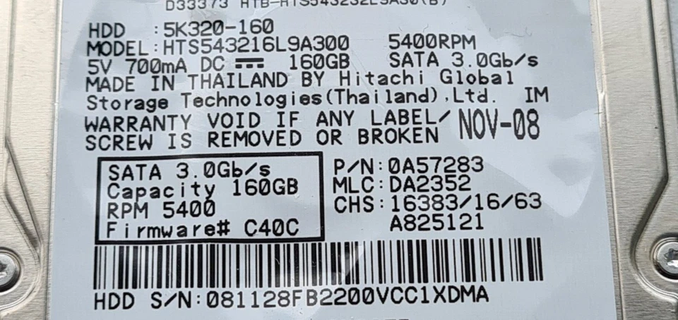 Hard Drive HDD 160GB 2.5" SATA Hitachi HTS543216L9A300 DATE: NOV-08 - Image 3 of 4