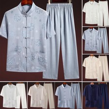 Chinese Traditional Tang Suit Short Sleeve Top Pants Mens Kung Fu Wing Chun Suit