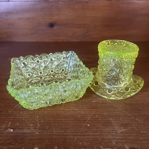 Vtg Fenton Daisy & Button Uranium Glass Vaseline Top Hat AND Trinket Dish GLOWS!