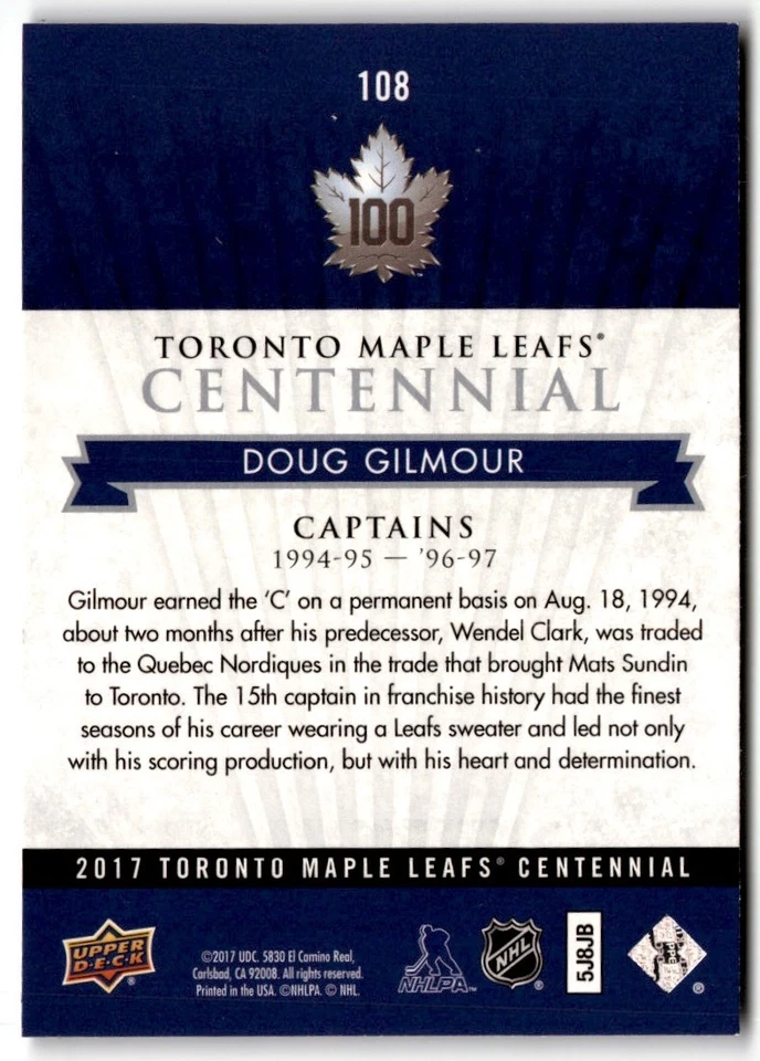 Doug Gilmour 2017-18 Upper Deck Toronto Maple Leafs Centennial SP #108 - Image 2 of 2