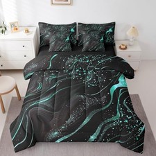 Marble Texture 7 Piece Comforter Set Set Size Bedding Set for Queen Black Teal