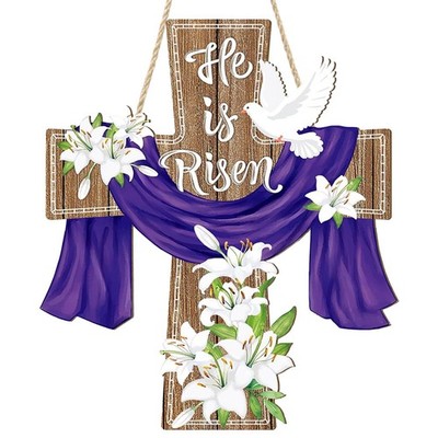 He is Risen Wooden Cross Sign Easter Door Decoration With Lily Faith Art Sign