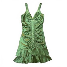 JESSICA MCCLINTOCK Vintage Y2K Green Satin Ruched Ruffle Hem Dress SIZE XS-S