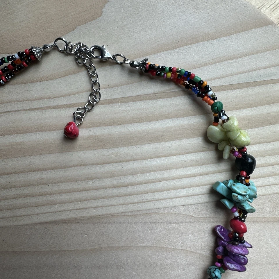 VTG Pendant Necklace 34" Agate Multicolor Stone Chips Glass Beads Boho Adjust - Image 4 of 4
