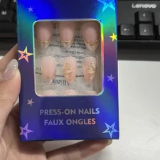 evpct Nude Pink Glitter Press on Nails Short Almond with Gold Line, Glitter F...