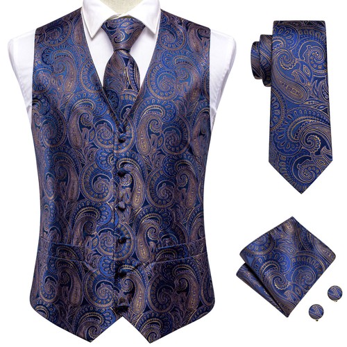 Men's Formal Dress Suit Slim Tuxedo Waistcoat Purple Paisley Vest Tie Hankie SET - Picture 22 of 60