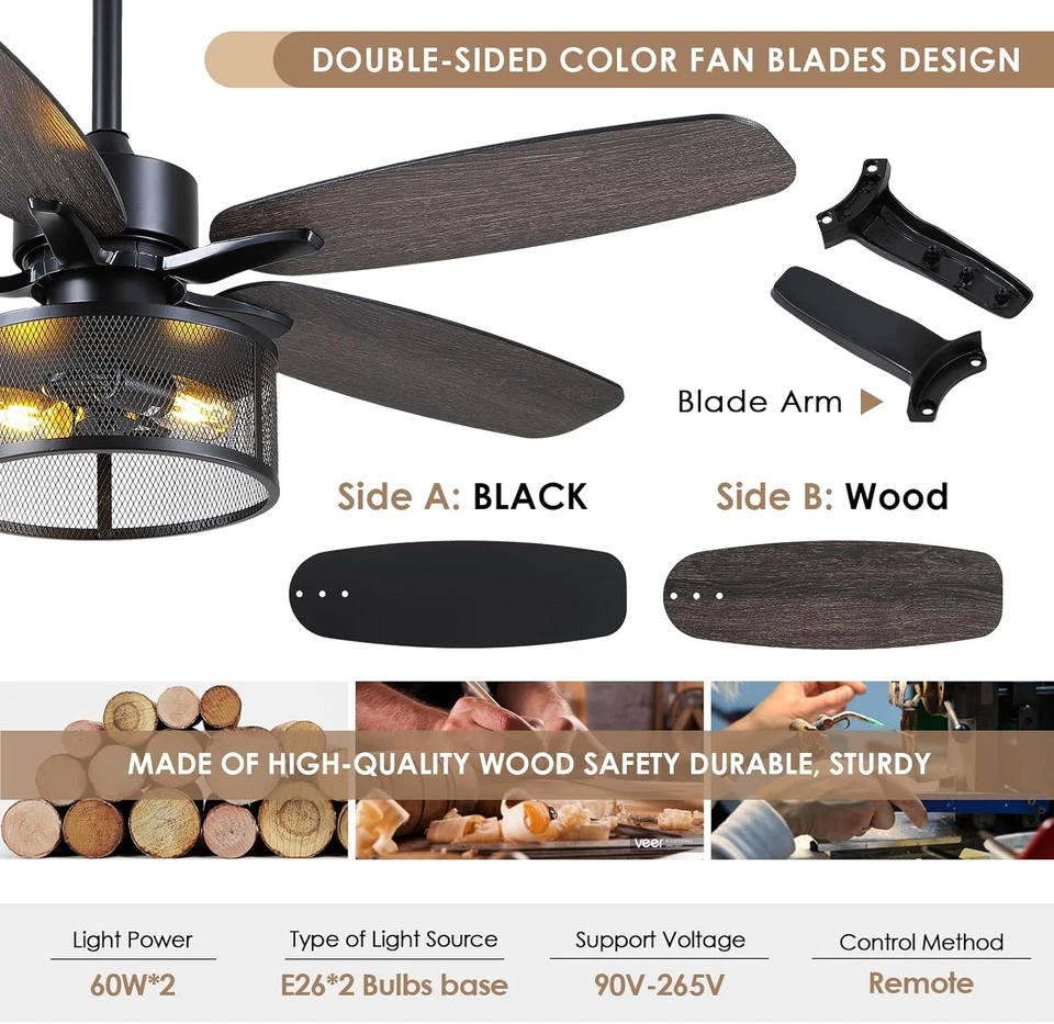 Farmhouse Ceiling Fan with Light and Remote,48" Black Industrial Caged Flush Mou - Image 4 of 4