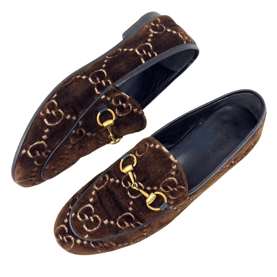 Mocasines Gucci Logo GG Marrón Oscuro Terciopelo Supreme Jordaan Dorado Horsebit Zapatos EU36