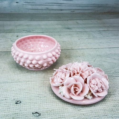 Botella de perfume y plato de baratija vintage años 40 Ardalt Lenwile rosa Hobnail - Imagen 12 de 16