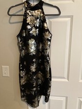 windsor dress size large floral metallic flowers gold silver green black dress