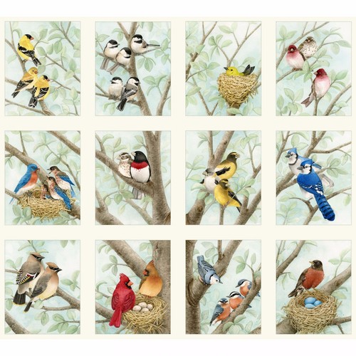 Fabric Birds and Nests Quilt Panel (12 Squares 4 1/2" x 6") 21" x 22