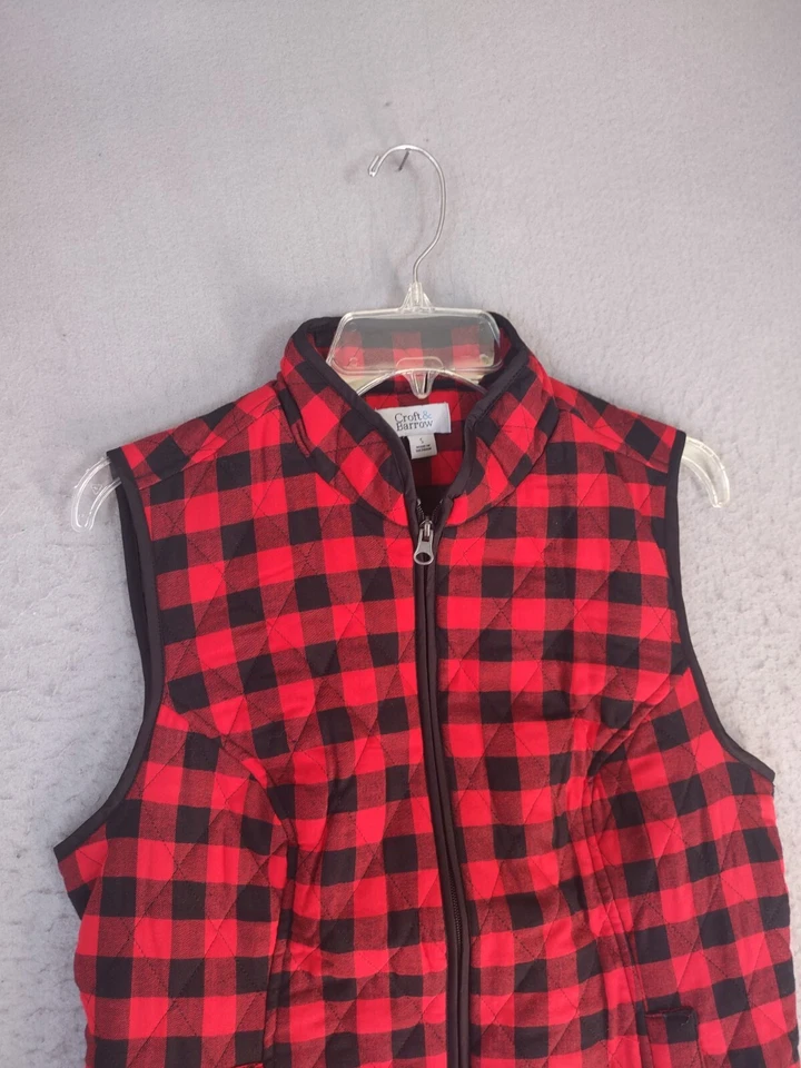Croft Barrow Womens Vest Small Red Black Quilted Check Full Zip Lined Casual - Image 2 of 4