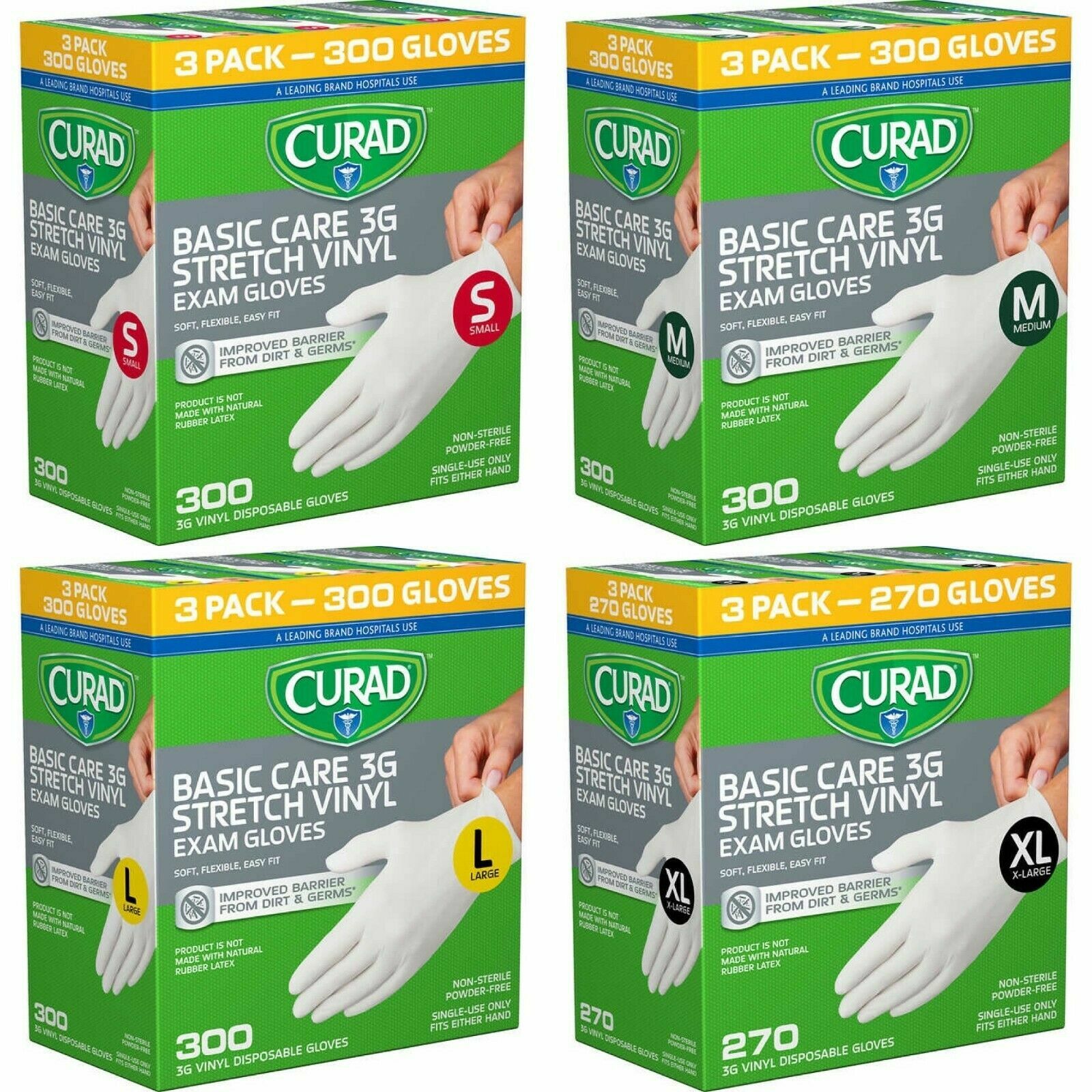 Curad Basic Care 3G Vinyl Exam Gloves, Small, Medium, Large, XLarge