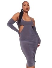 PrettyLittleThing Plus Silver Slinky Ruched Cut Out Midi Dress Size 22